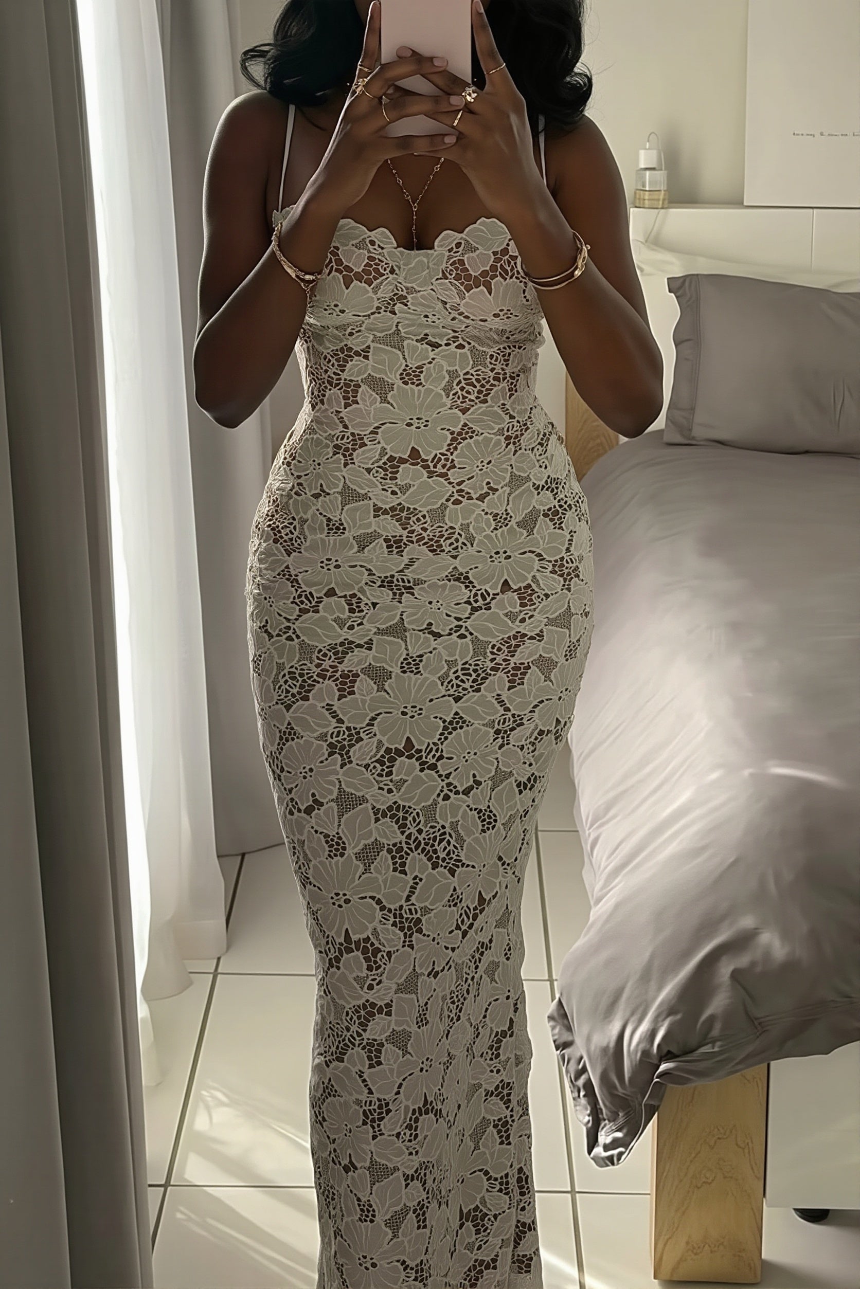 Tie Slim Split Lace Cami Maxi Dress