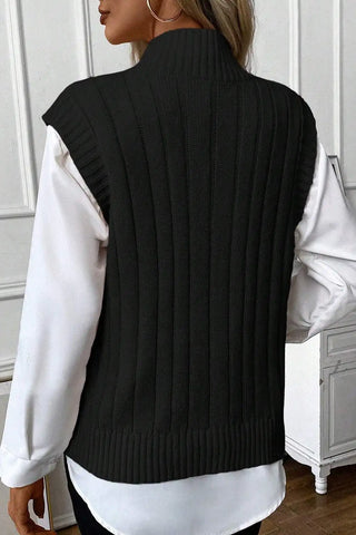 elegante chaleco de cuello alto de punto trenzado negro 