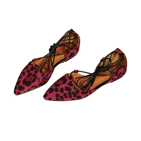 Cross Tied Pointed Toe Flats Shoes for Women Elegant Ballet Mary Janes Pumps Leopard Print Elegant Woman Shoes with Low Heels