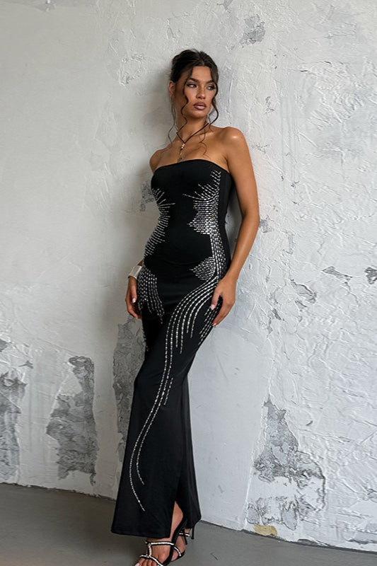 Rhinestone Strapless Off Shoulder Maxi Dress