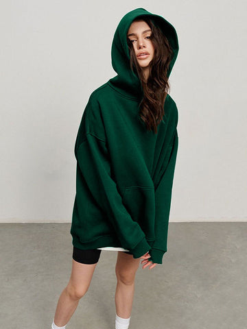 Sudadera con capucha de terciopelo de color liso con bolsillos sueltos y mangas largas 