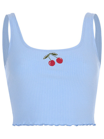 Cotton Ribbed Cherry Embroidery Tank Top Sweet Fashion Cropped Sleeveless Summer Top Vest 2024 New Crop Tops Clothing
