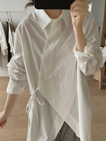 Irregular Clipping Long Sleeves Lace-Up Solid Color Lapel Blouses