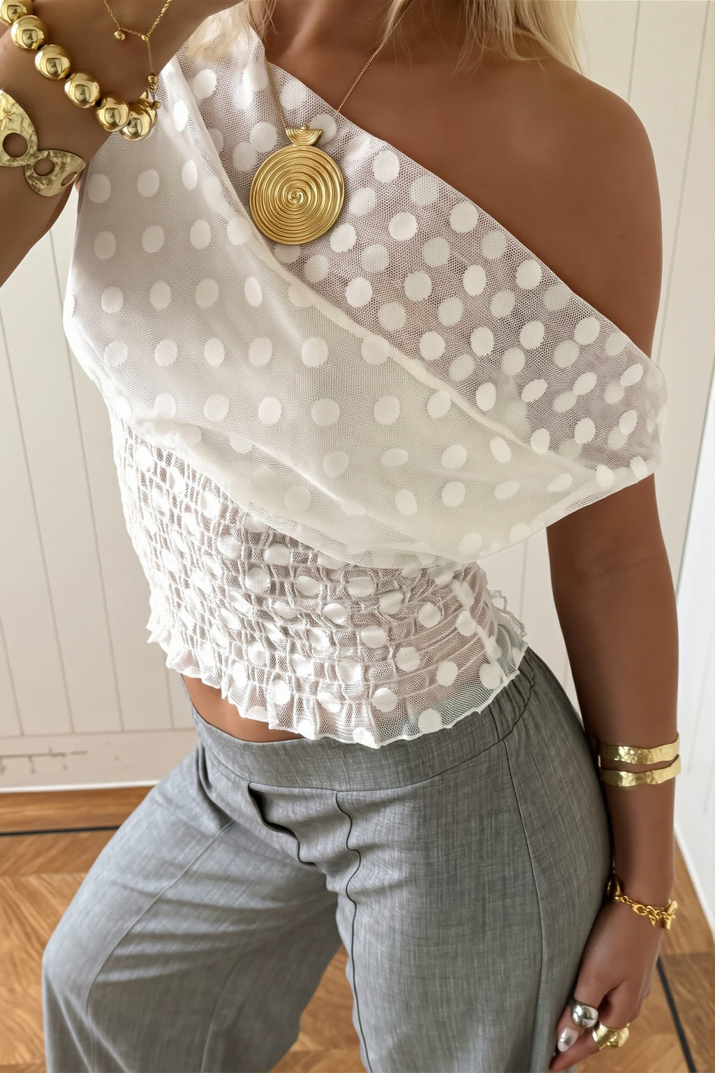 Stylish Polka Dot Mesh Irregular Blouse
