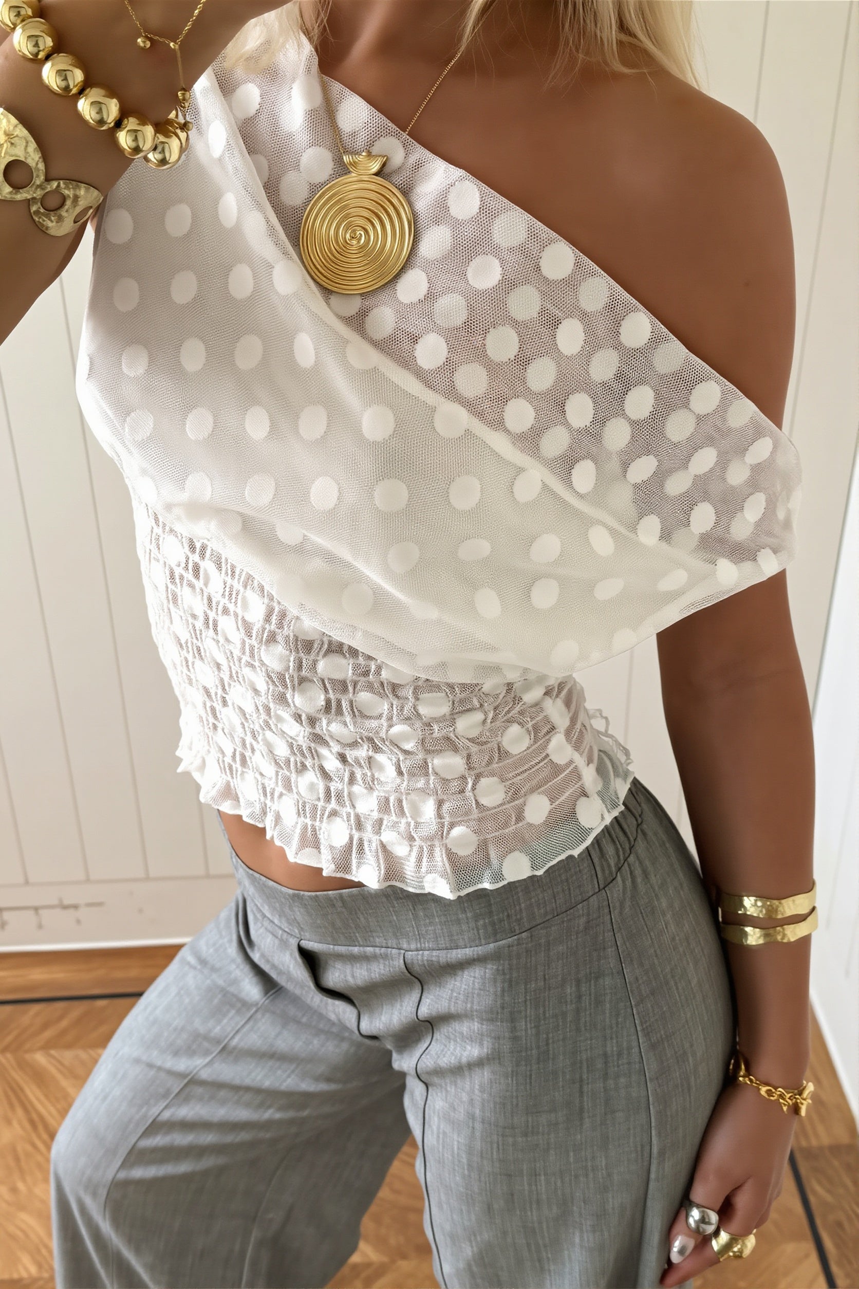 Stylish Polka Dot Mesh Irregular Blouse