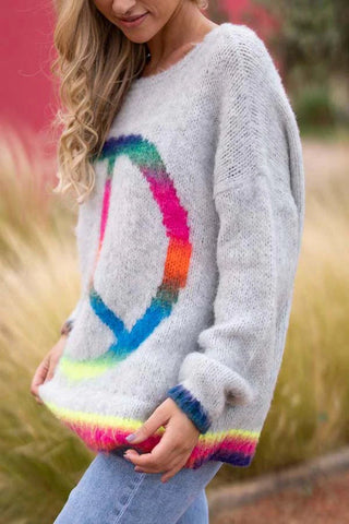 Love and Peace Strickpullover mit Regenbogenmuster, lockerer Pullover 