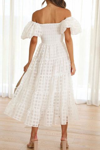 Vestido midi con mangas abullonadas y fruncido de tela con estampado cuadrado Dare To Dance 