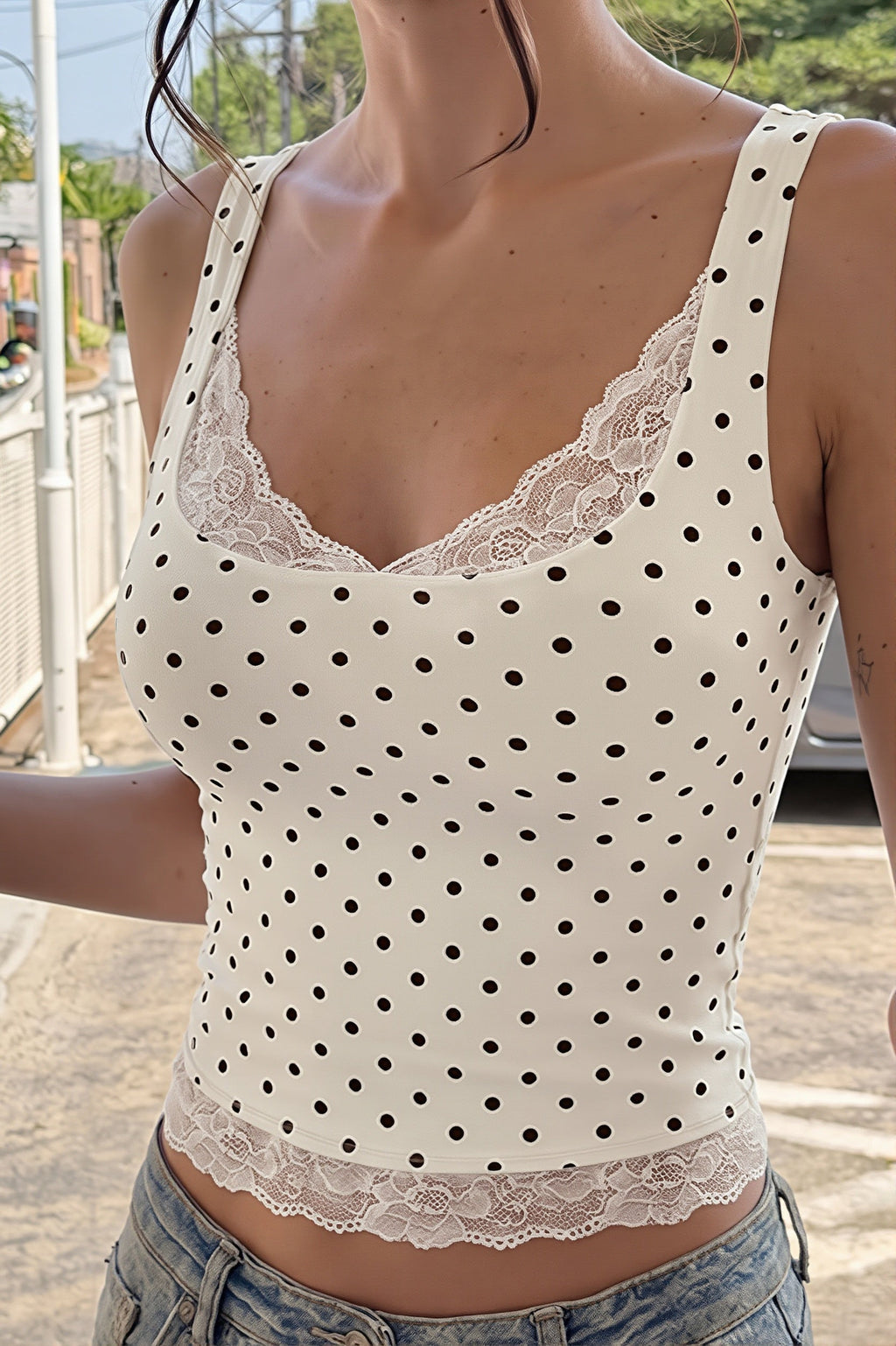 Polka Dot Lace Backless Tank Top