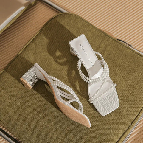 summer new coarse heel sandals women's head pearl slippers rhinestones fashion everything temperament high heels 6cm