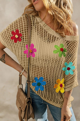 fresh beige crochet flower hollow out sweater t shirt