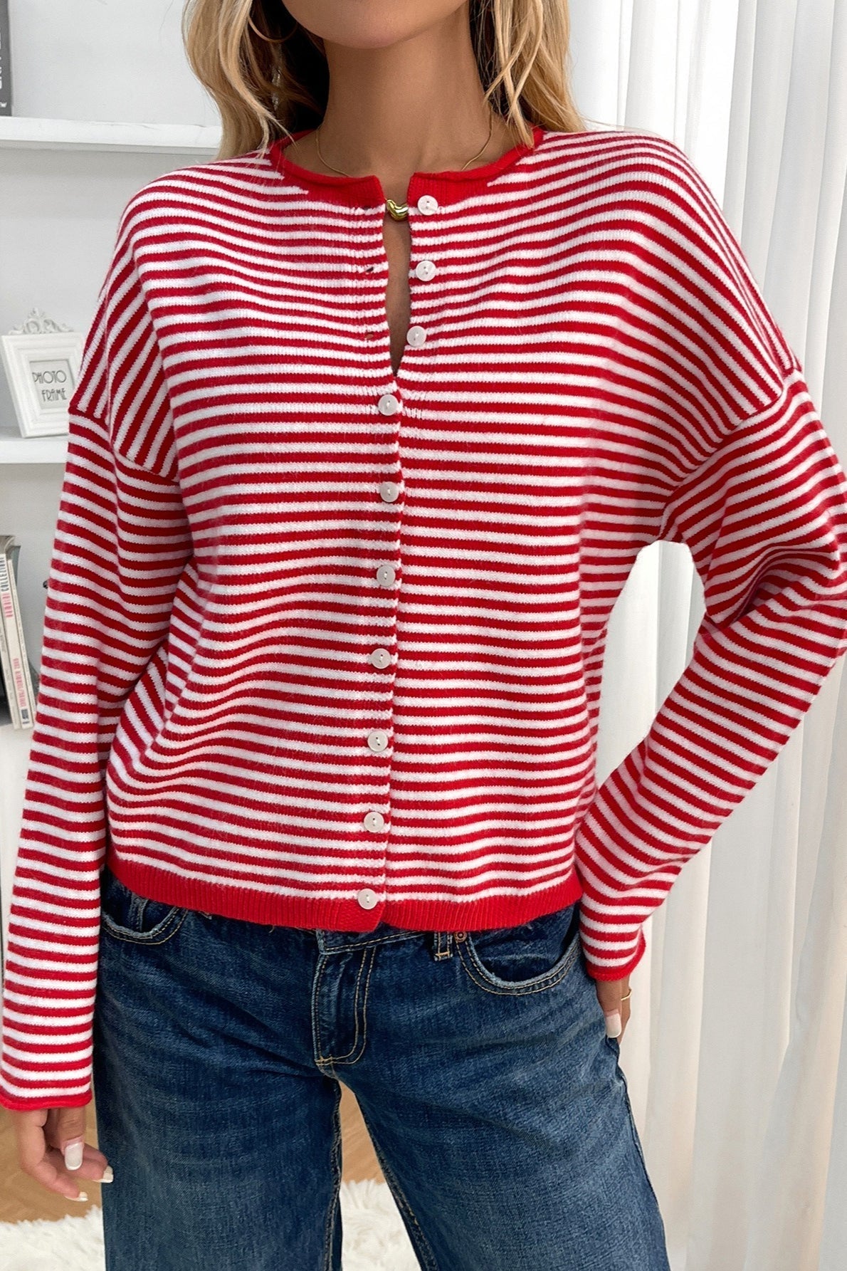 Striped Knit Round Neck Cardigan