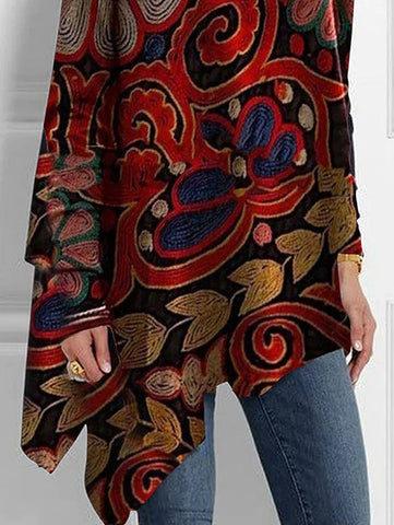 Long Sleeves Loose Floral Printed High Neck T-Shirts