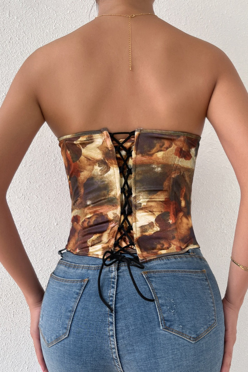 Sexy Color Block Backless Lace Up Boned Corset Blouse
