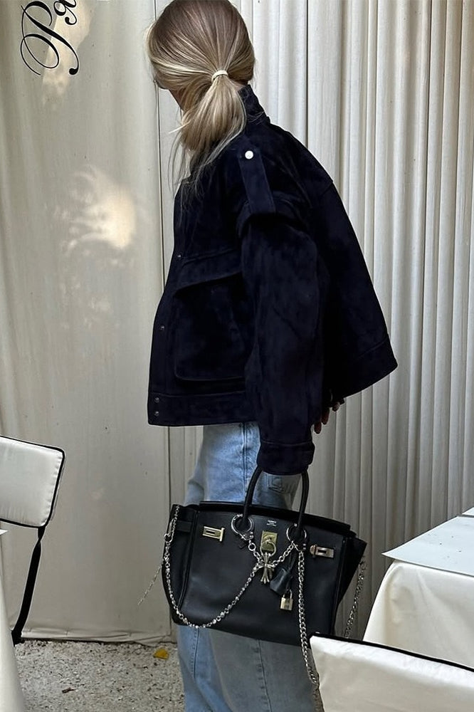 Wide Shoulder Suede Pocket Jacket