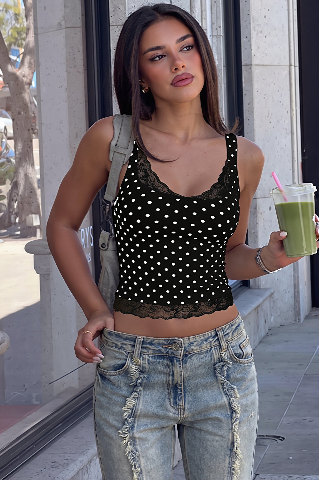 Polka Dot Lace Backless Tank Top