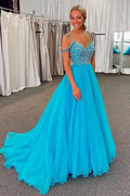 Langes, schulterfreies, blaues A-Linien-Abendkleid mit Perlenstickerei