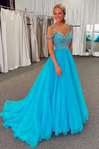 Langes, schulterfreies, blaues A-Linien-Abendkleid mit Perlenstickerei