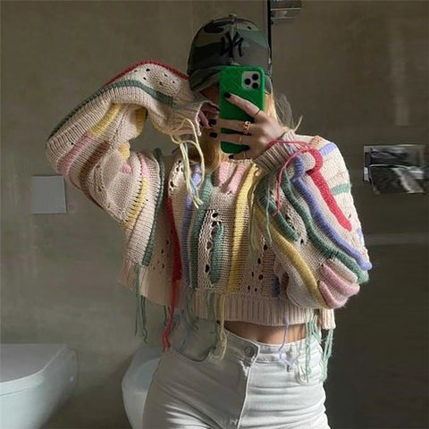 Women Clothing Autumn Winter Street Shooting Knitwear Color Matching Tassel Wild Casual Sweater