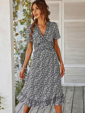 Printed V-Neck Short Sleeves Midi Dress