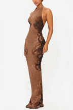 Lace Pattern Halter Backless Maxi Dress