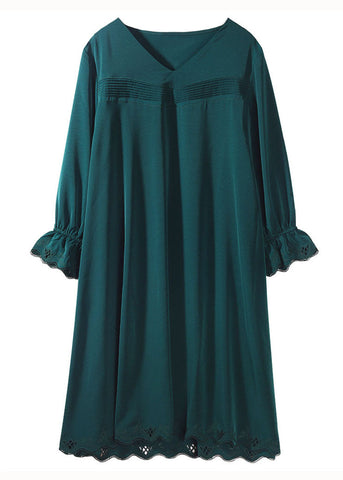 Italienisches grünes V-Ausschnitt-Patchwork-Seidenkleid mit Armbandärmeln 