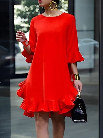 Vestidos midi holgados de media manga con cuello redondo, color liso y falbala 