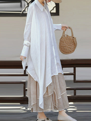 Loose Raglan Sleeve See-Through Solid Color Split-Joint Split-Side Lapel Blouses