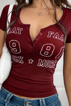 Sexy Letter Print V Neck Slim T-shirt