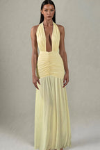 Solid Sexy Mesh Patchwork Deep V Halter Maxi Dress