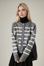 Crew Neck Striped Button Pocket Knit Cardigan