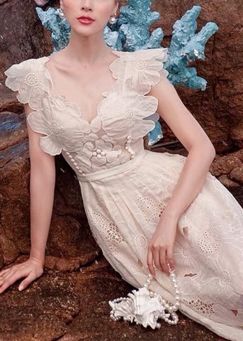 Floral Apricot V-Ausschnitt Aushöhlen Baumwolle Kleider Ärmellos 