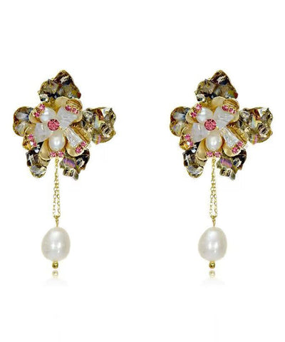 Boho Yellow Copper Pearl Crystal Floral Tassel Drop Earrings