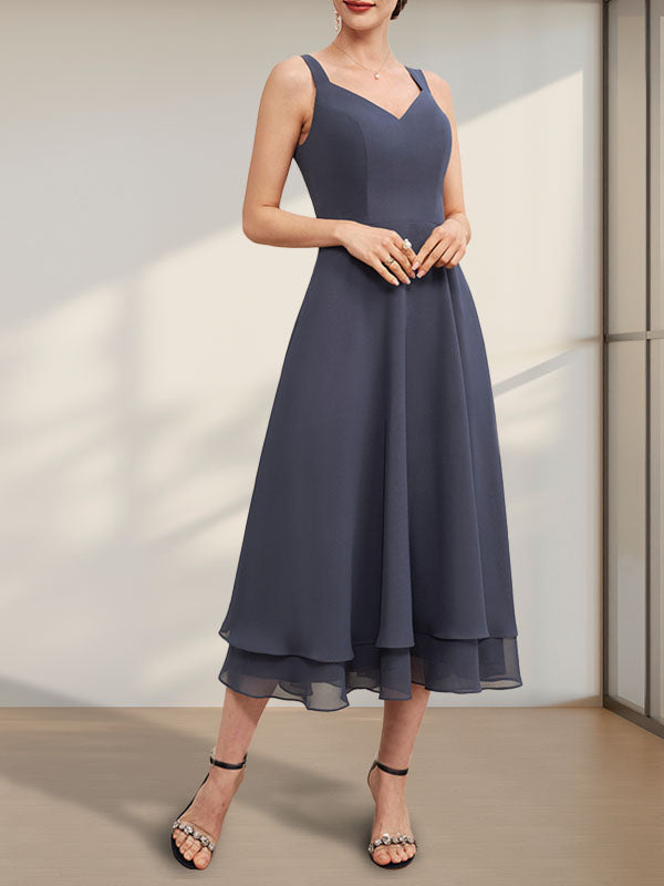 A-Linien-Chiffonkleid mit V-Ausschnitt und Teelänge für die Mutter der Braut