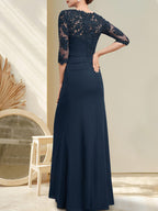 A-Linien-Kleid aus Chiffon und Spitze in Bodenlänge für die Mutter der Braut mit Perlenstickerei, Falten und Pailletten