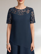 A-Linien-Kleid mit Rundhalsausschnitt, Illusion-Effekt, knielang, aus Spitze und Chiffon mit Pailletten für die Mutter der Braut