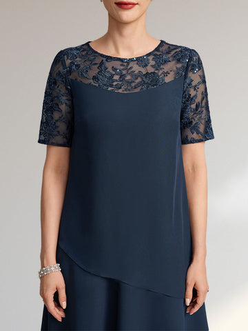 A-Linien-Kleid mit Rundhalsausschnitt, Illusion-Effekt, knielang, aus Spitze und Chiffon mit Pailletten für die Mutter der Braut