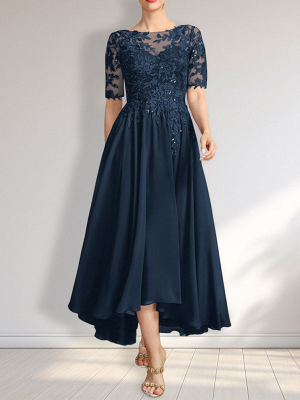 A-Linien-Kleid mit asymmetrischem Chiffon-Spitzenausschnitt und Pailletten für die Mutter der Braut 
