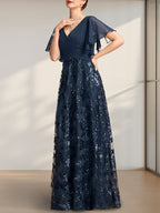 A-Linien-Kleid mit V-Ausschnitt, bodenlang, aus Spitze, Pailletten und Chiffon, ideal für die Mutter der Braut, mit Falten