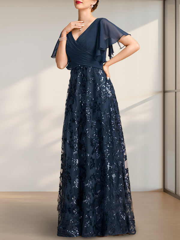 Vestido de madre de la novia de gasa con lentejuelas, encaje, escote en V y largo hasta el suelo, con pliegues