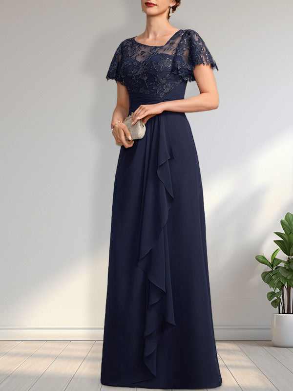 A-Linien-Kleid aus asymmetrischem Chiffon mit Illusion-Effekt, bodenlang, mit Kaskadenrüschen und Pailletten für die Mutter der Braut 