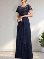 A-Linien-Kleid aus asymmetrischem Chiffon mit Illusion-Effekt, bodenlang, mit Kaskadenrüschen und Pailletten für die Mutter der Braut 