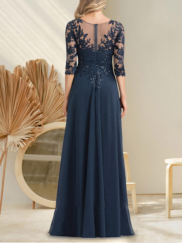 Vestido de gasa con encaje y lentejuelas para madre de la novia, corte A, escote en V y largo hasta el suelo
