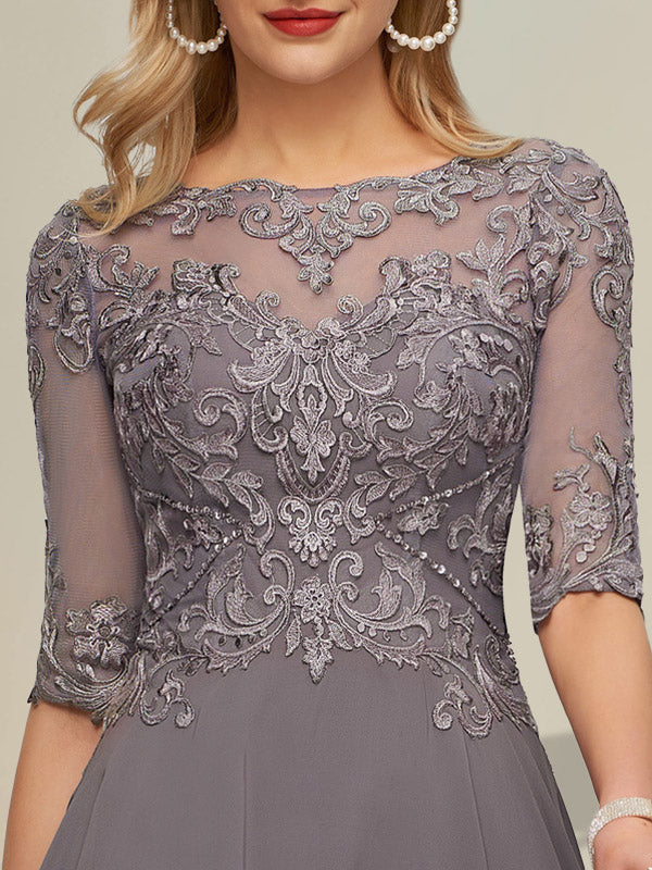 A-Linien-Kleid mit U-Boot-Ausschnitt, Illusion-Effekt, asymmetrischem Chiffon-Spitzenbesatz und Paillettenstickerei für die Mutter der Braut.