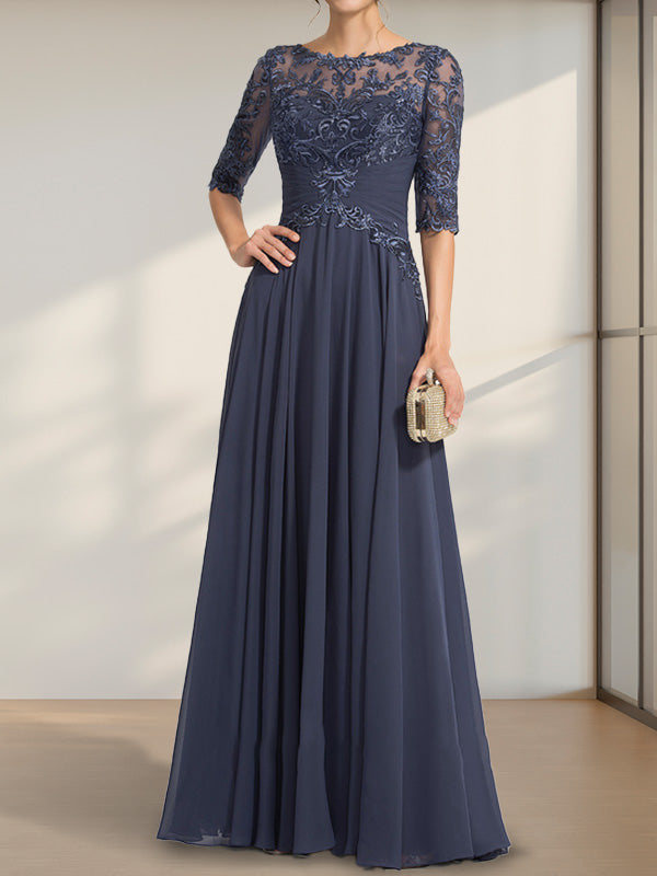 A-Linien-Kleid mit Illusion-Ausschnitt, bodenlang, aus Chiffon und Spitze, mit plissierten Pailletten und V-Ausschnitt für die Mutter der Braut