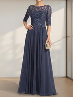 A-Linien-Kleid mit Illusion-Ausschnitt, bodenlang, aus Chiffon und Spitze, mit plissierten Pailletten und V-Ausschnitt für die Mutter der Braut