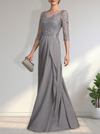 A-Linien-Kleid mit U-Boot-Ausschnitt, Illusion-Effekt, bodenlang, aus Chiffon und Spitze, mit Perlen, Pailletten und kaskadenartigen Rüschen – perfekt für die Mutter der Braut.
