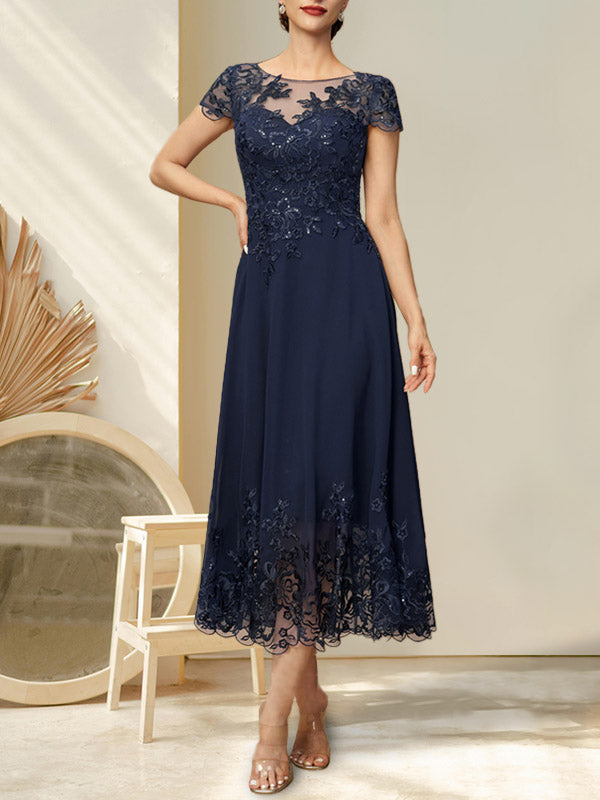 A-Linien-Kleid mit Illusion-Ausschnitt, Rundhalsausschnitt, Teelänge, Spitze und Chiffon, mit Pailletten, für die Mutter der Braut