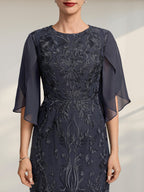 Etuikleid/Säulenkleid mit Rundhalsausschnitt, Teelänge, aus Spitze und Chiffon, ideal für die Mutter der Braut
