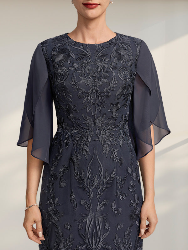 Vestido para madre de la novia de gasa con encaje, corte tubo, escote redondo y largo hasta la rodilla