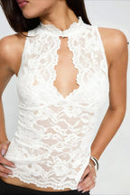 Sexy Deep V Lace Sheer Cutout Halter Top